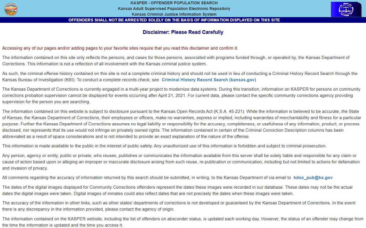 Seward County inmate records KDOC KASPER offender search disclaimer