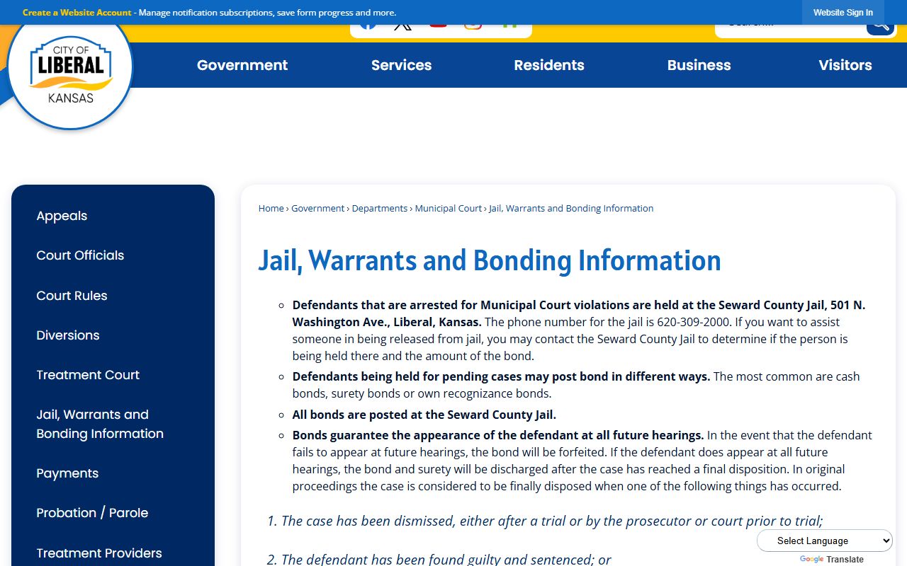 Seward County warrant records Liberal Municipal Court jail and bonding information